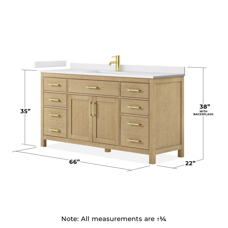Beckett 66" Freestanding Single Bathroom Vanity with Cultured Marble Top, Whitewashed Oak, Brushed Gold