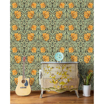 Vintage Wallpaper Peel And Stick Floral Vine Green/Blue/Black Wall Murals Home Kitchen Bedroom Decor By William Morris 17.7In X 9.8Ft