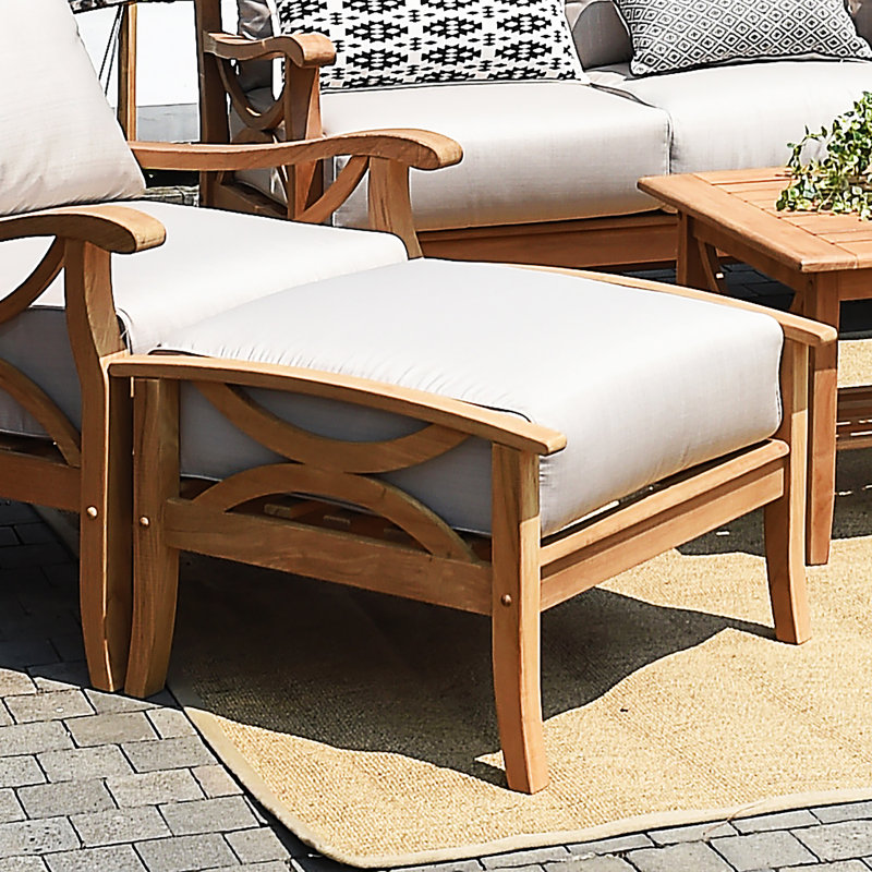 Repose-pieds d'extérieur en teck avec coussin Brunswick, Beige, Naturel