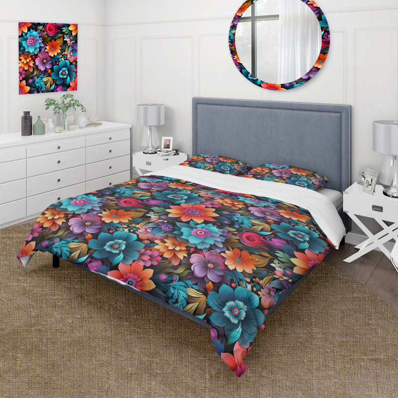Eclectic Mandala Boho Pattern Floral Duvet Cover, King Duvet Cover + 2 King Shams