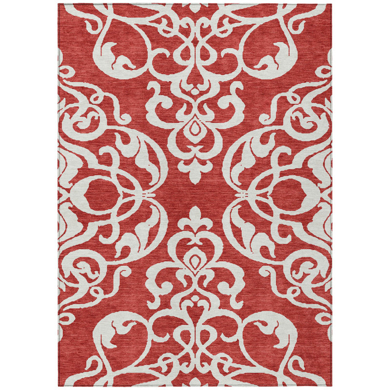 Tapis intérieur / extérieur damassé rouge et ivoire 3 pi x 5 pi