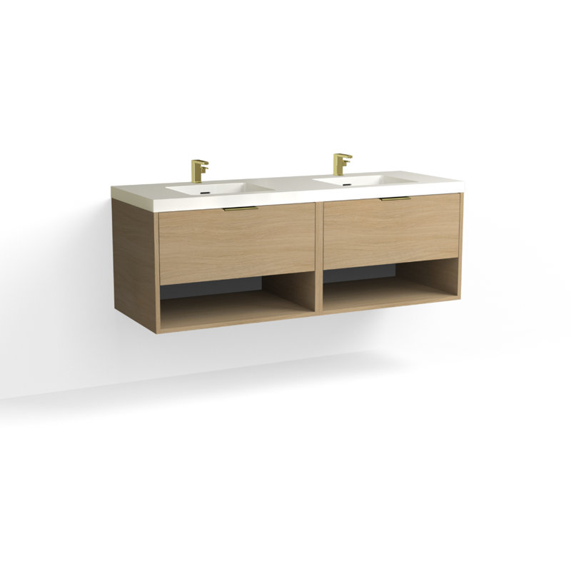 Modo 60" W Wall Mounted Double Bathroom Vanity, White Acrylic, Satin Nickel, Glossy White/Single