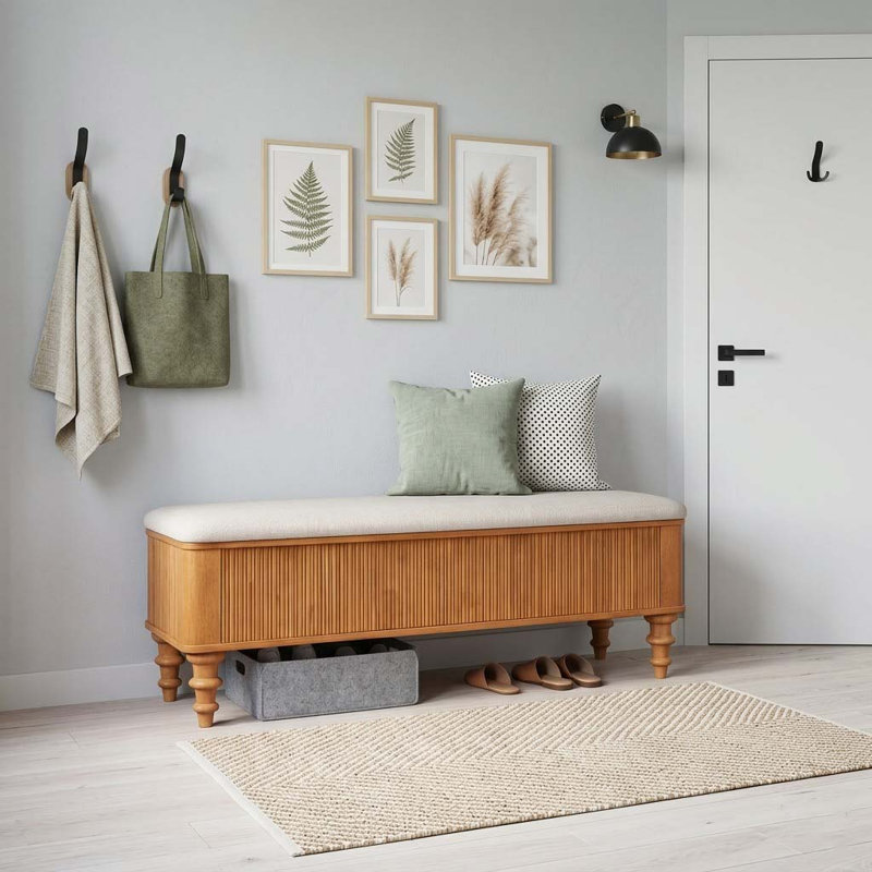 Banc de rangement multi-fonctionnel avec repose-pieds en bois d'hévéa massif et siège en lin