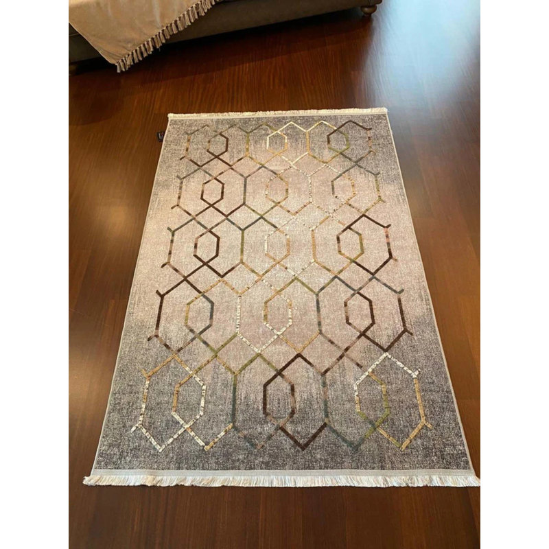 Coton imprimé marocain gris Kalkedon Tapis chenille antidérapant, Rectangle 4 pi x 5 pi 11 po