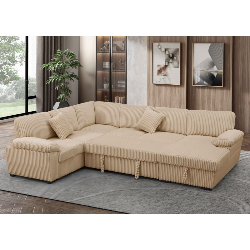 L-Shaped Sectional Sofa Bed Pull Out Sleeper Couch With Storage Chaise, Beige Corduroy