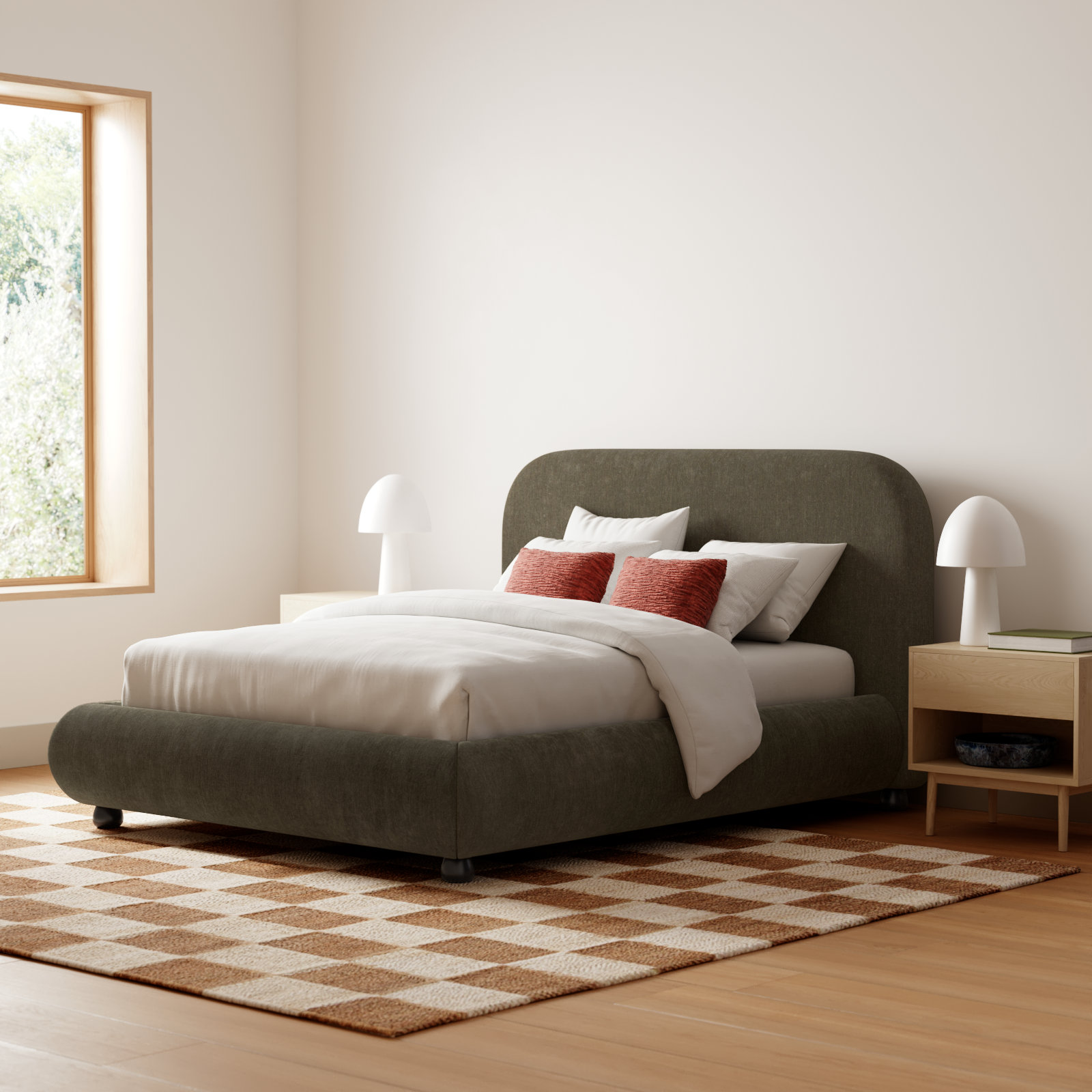 Reggie Platform Bed, Queen, Olive Green Performance Chenille