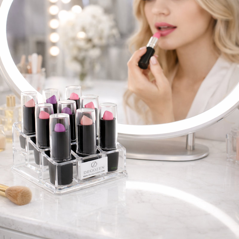 Organisateur de maquillage transparent en acrylique avec 9 fentes pour les rouges à lèvres, les cosmétiques, le rangement de la coiffeuse - Cadeau de Noël et de la fête des Mères