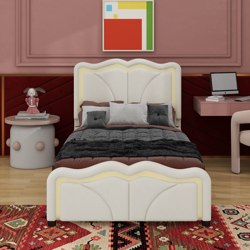 Lit plateforme tapissier simple avec tête de lit courbée à hauteur ajustable et DEL, Blanc