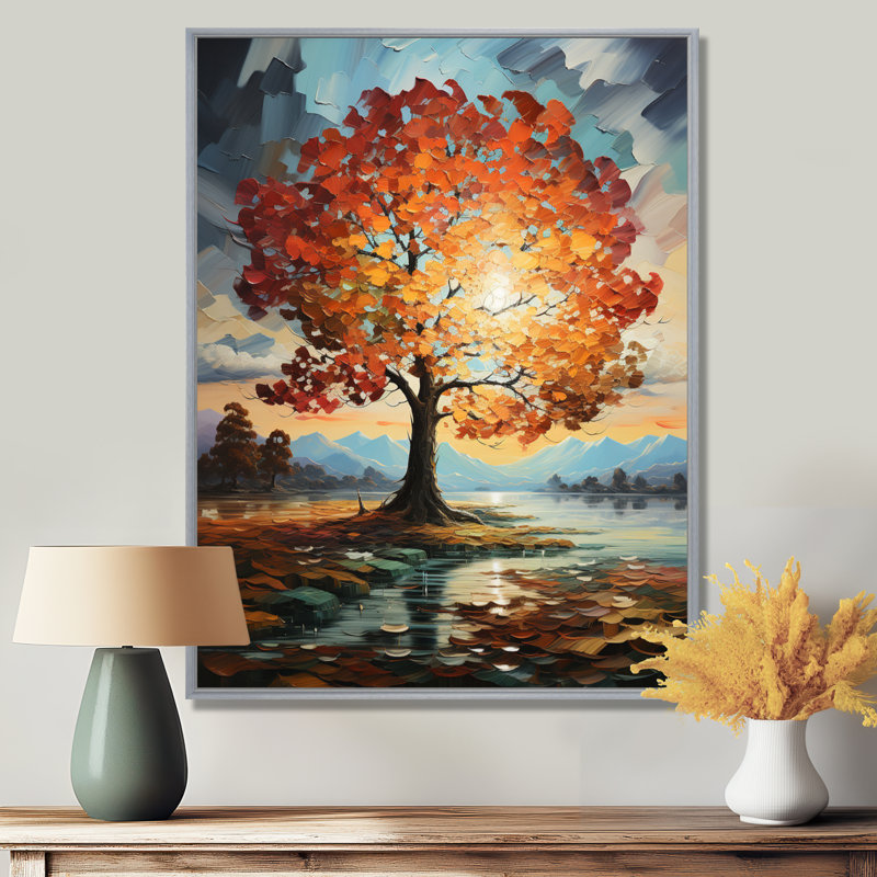 Orange, bleu sarcelle, érable majestueux, érable, art mural encadré, H 44 po x l 34 po x P 1,5 po, Encadrement argenté