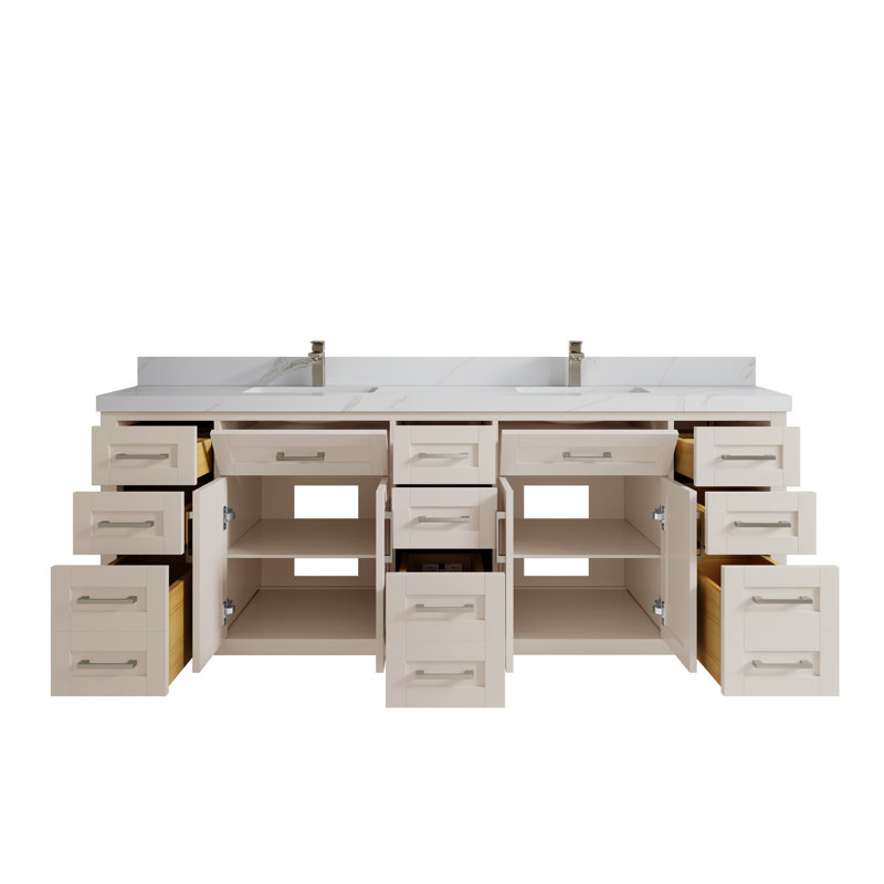 Cambridge 84 In. W X 22 In. D Double Sink Bathroom Vanity In Fine Grain With 2 In. Calacatta Sienna Quartz