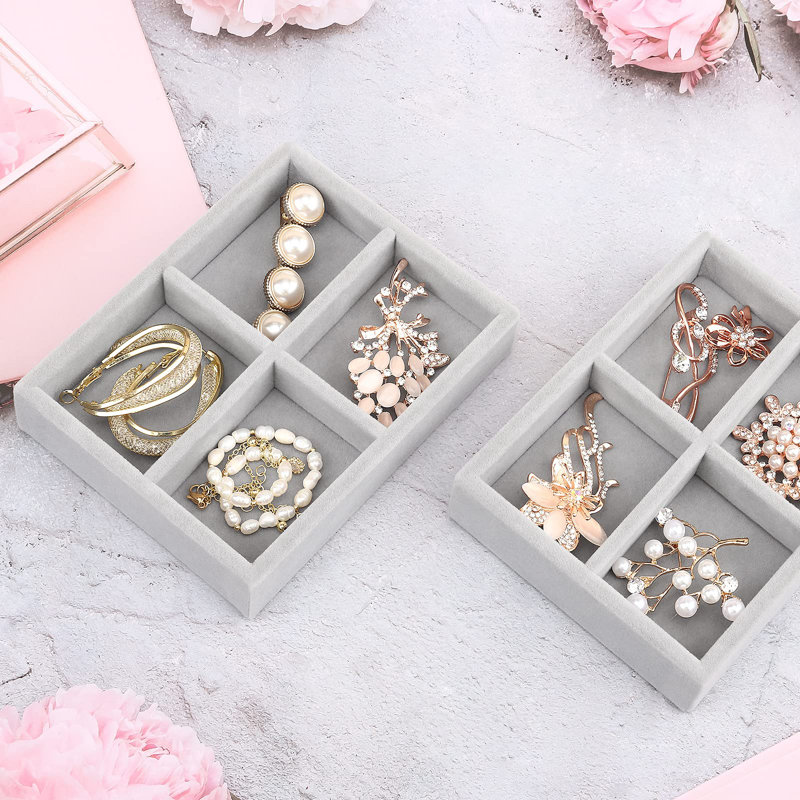 2 pièces organisateur d'anneaux, plateau de présentation de bijoux en velours, plateaux de rangement de bijoux empilables, insertions de tiroir de bijoux pour commode, boîte à bijoux (gris)