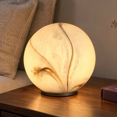 Lampe de table sphérique en verre à motif marbre, lampe de chevet rechargeable à contrôle tactile avec base en métal