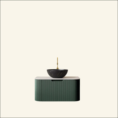 Meuble-lavabo de salle de bain, armoire de salle de bain en contreplaqué rayé à bordures flottantes avec tiroir, vasque en céramique et plateau en pierre frittée, pré-assemblé