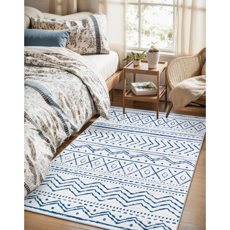 Tapis marocain à rayures Tribal, Rectangulaire 4 pi x 6 pi, Bleu / Rose