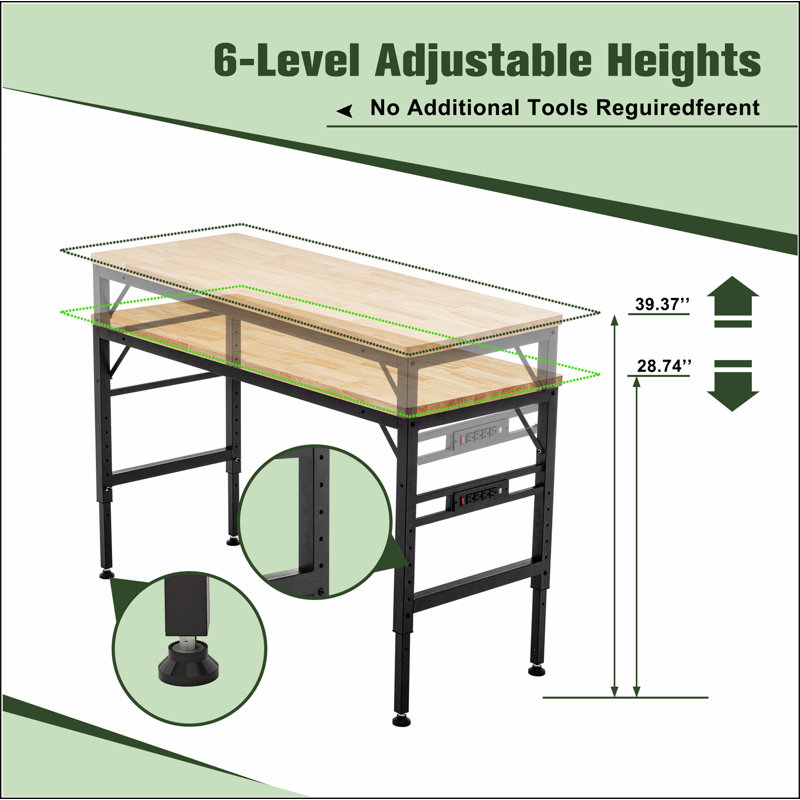 Adjustable Height Workbench, 60" Rubber Wood Top Heavy duty Workstation with Power Outlets, 2000 LBS Load Capacity Hardwood Worktable for Workshop, Garage, Office, Home