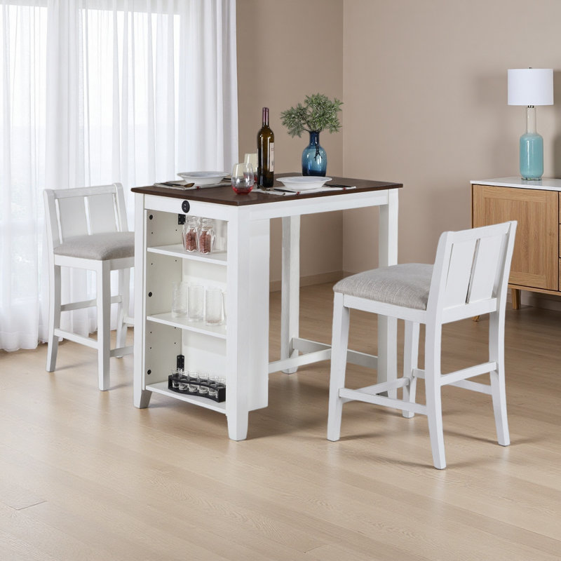 Table de salle à manger 3 pièces avec tablettes et 2 chaises solides, Blanc, Brun