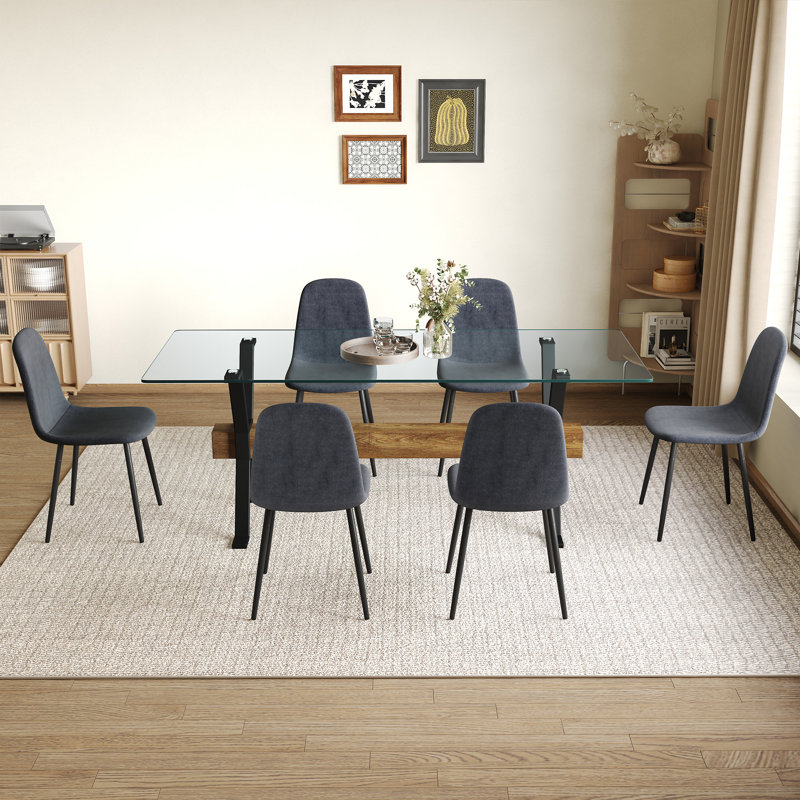  Ensemble de table de salle à manger 7 pièces avec pieds en X en métal et chaises rembourrées en lin, structure en panneau de fibres à densité moyenne, gris foncé