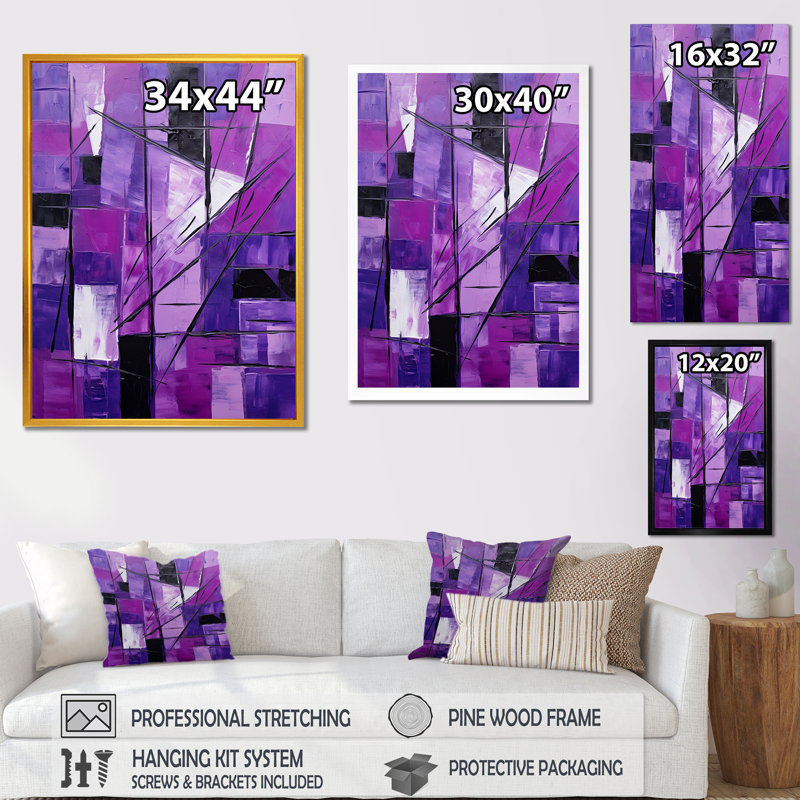 Tachisme mauve cubisme pinceau 1 - art mural Tachisme, Cadre flottant noir, H 32 po x l 16 po