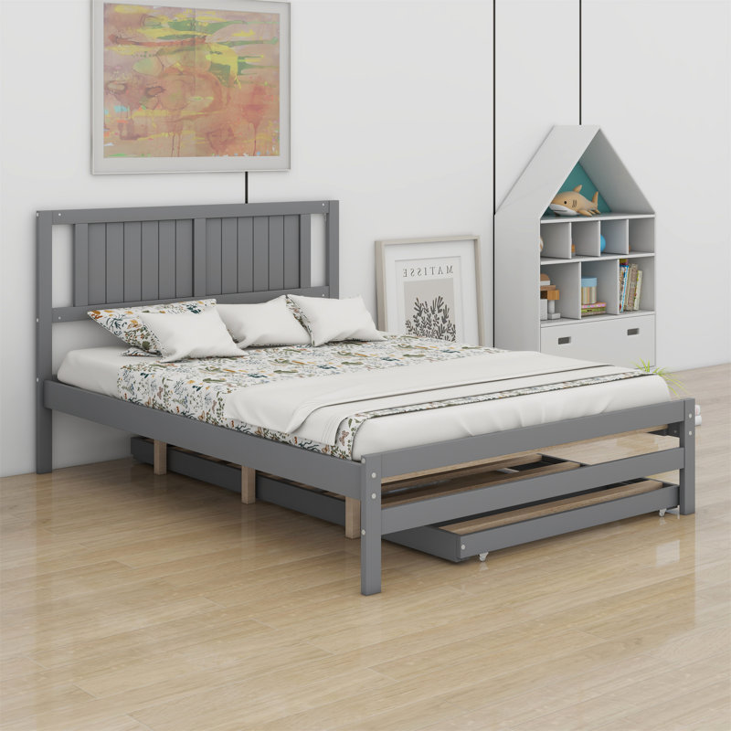 Platform Bed With Adjustable Trundle, Gray