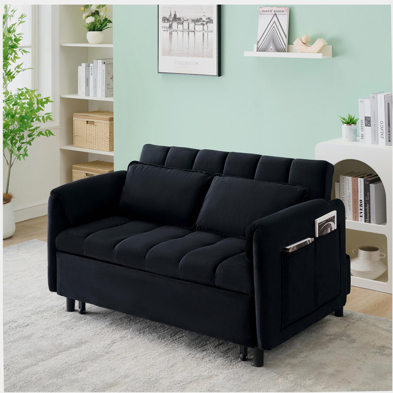 52" Modern Velvet Sofa Bed - 3-In-1 Convertible with Pillows & Side Pockets, Black