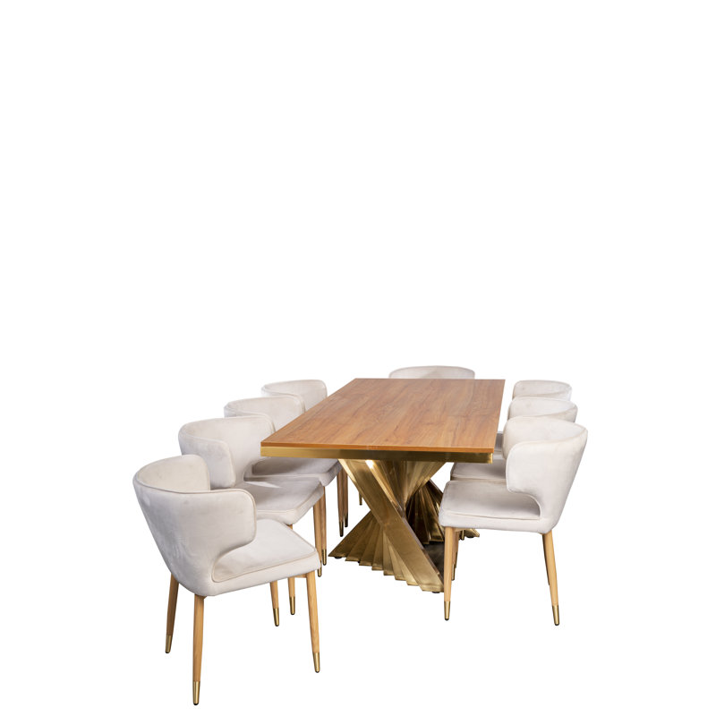 Ensemble de table de salle à manger à plateau en bois 9 pièces avec 8 chaises en velours courbé blanc cassé Waterfall