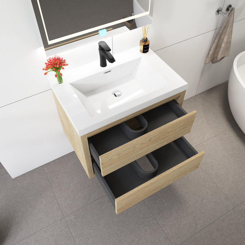 Meuble-lavabo mural 30 po avec lavabo, Chêne, bois naturel