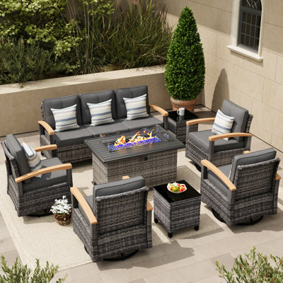 10 Pieces Patio Furniture Sets With Fire Pit Table, Wicker Outdoor Conversation Sets With 4 Swivel Rocker Chairs, 2 Single Chairs, 2-seat Sofa And Sid