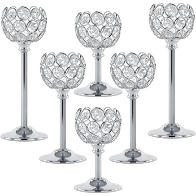 Set Of 6 Silver Crystal Candle Holders