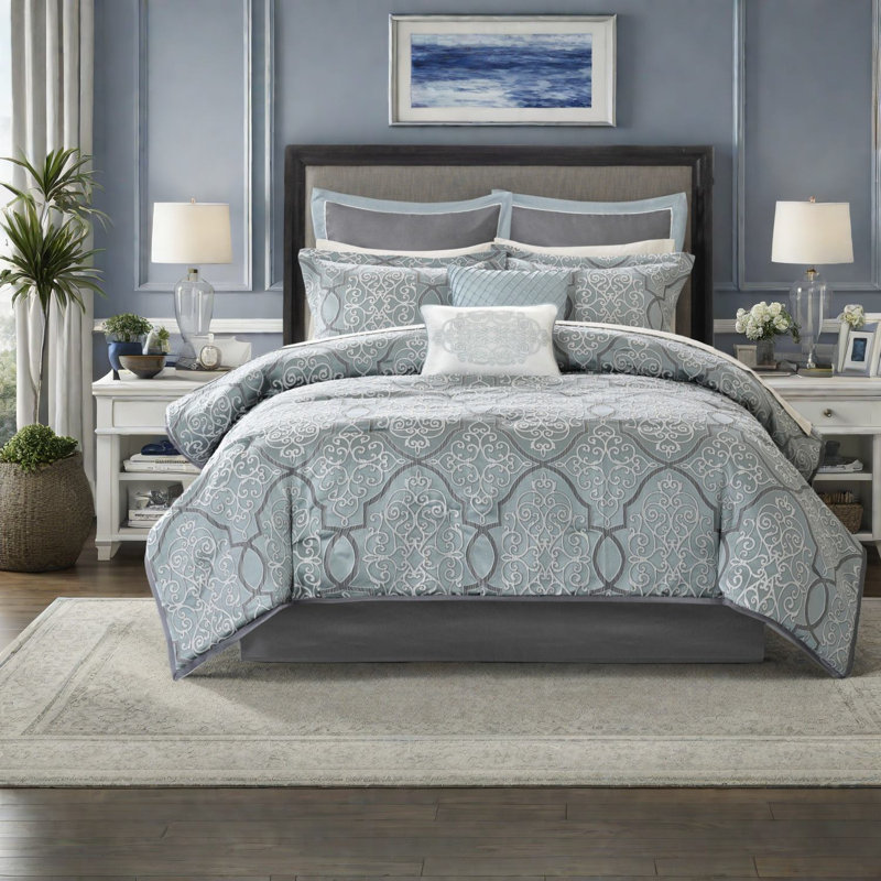 Ensembles de literie en coton luxueux, confort jacquard bleu, grand lit
