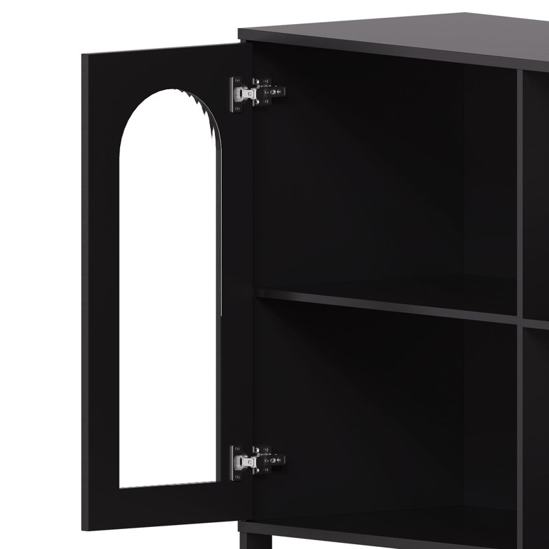 Buffet Sideboard Cabinet, Wooden Storage Cabinet With Glass Doors, Two Metal Handle, Black