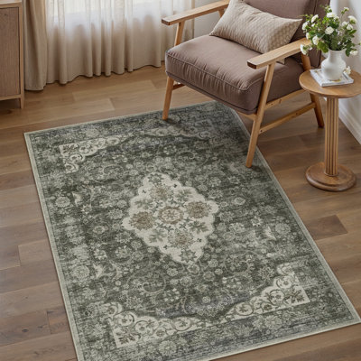 Tapis Elora Vintage Medallion lavable à la machine avec envers antidérapant, couleur brun