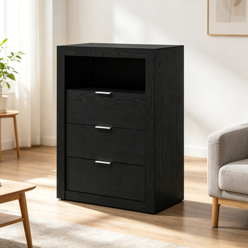 Commode 1 pièce de style contemporain avec tablette ouverte, joints à queue d'aronde anglaise et poignées à doigts, parfaite pour les chambres à coucher modernes
