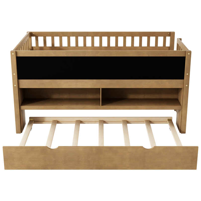 Lit mezzanine bas en bois avec tablettes de rangement, Noyer