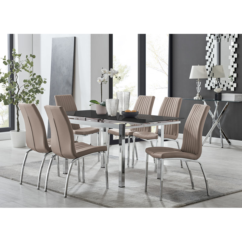 Tierra Modern Glass & Metal Extendable Dining Table Set & 6 Luxury Faux Leather Dining Chairs, Cappuccino/Silver