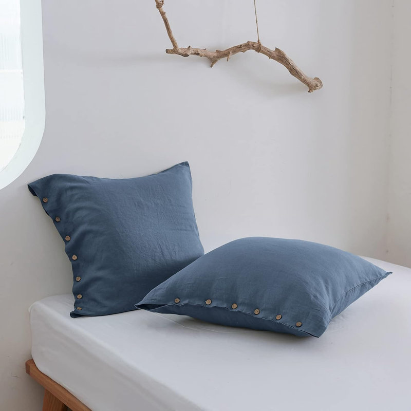 100% Washed Linen Euro Sham Cover, 26 X 26 Inch-Set Of 2, Classic Blue
