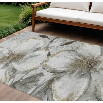 Tapis extérieur lavable floral gris argenté et beige 10 pi x 14 pi
