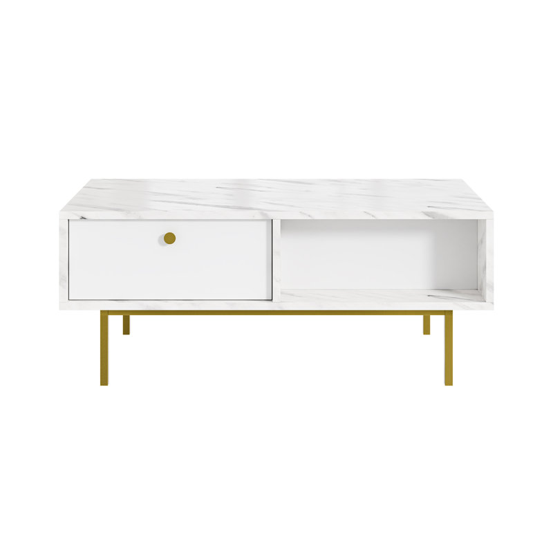 Coffee Table Ketan with Storage Space, White Marble Gloss