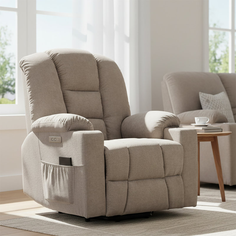 Power Chenille Upholstered Recliner Chair with Lift Base and Massage Heating Function, Khaki