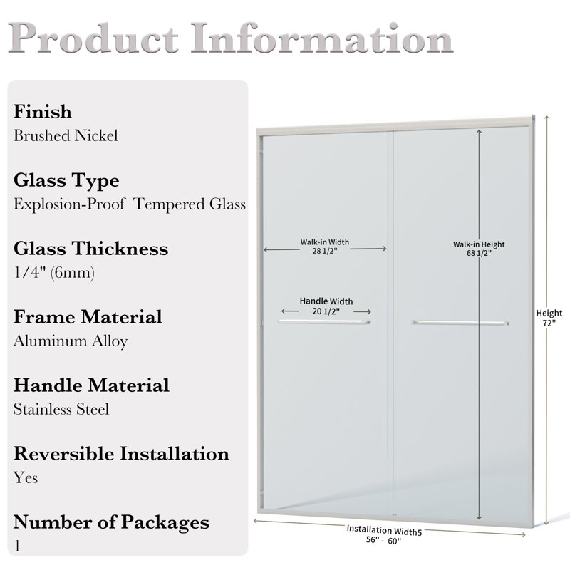56 - 60" W X 72" H Semi-Frameless Double Sliding Shower Door With 1/4" (6Mm) Tempered Glass, Brushed Nickel