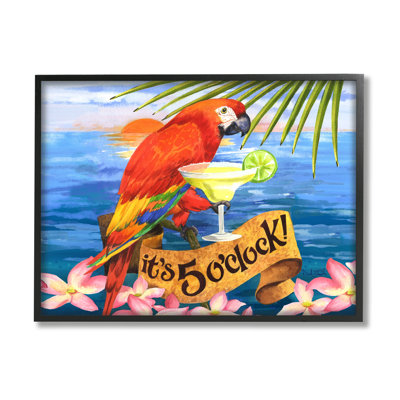 Impression de perroquet tropical avec cocktail encadré sur bois par David Sands