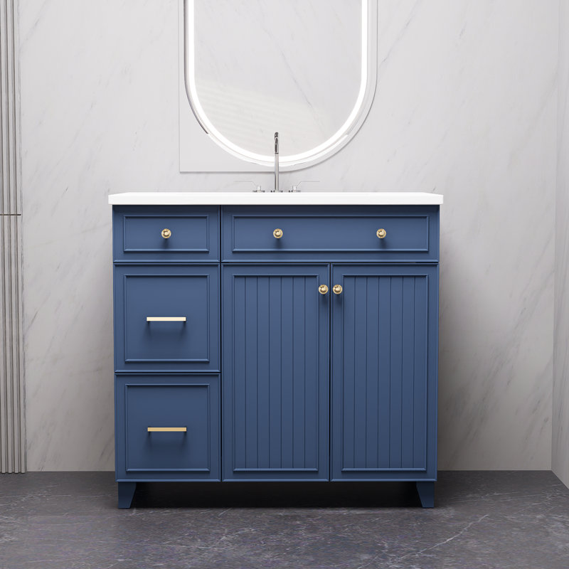 Meuble-lavabo 36 po avec lavabo en porcelaine, tiroirs standards et doubles, Bleu