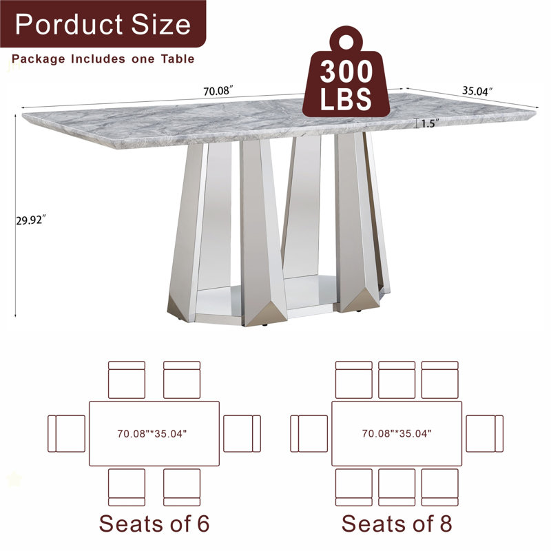 Table de salle à manger en marbre pour 6 personnes, table de salle à manger rectangulaire en faux marbre 70 po avec base en acier inoxydable à finition miroir, table de cuisine moderne en marbre de grande taille (argent, gris) (table unique)
