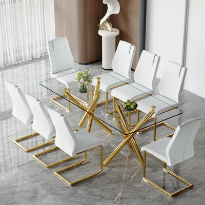 71" Tempered Glass Dining Table Set For 6-8, Gold Metal Base Dining Room Table Set With Waterproof PU Leather Kitchen Table Chairs