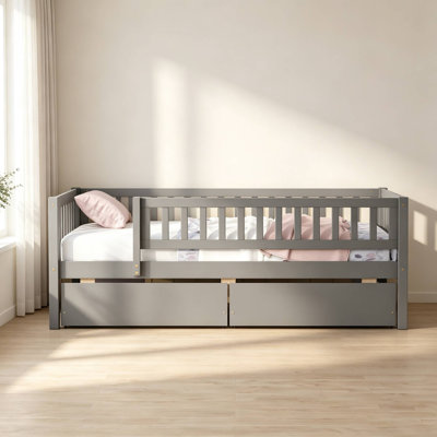Wood Kids Daybed Platform Bed Frame with Full‑Length Guardrails and 2 Under‑Bed Storage Drawers, No Box Spring Required