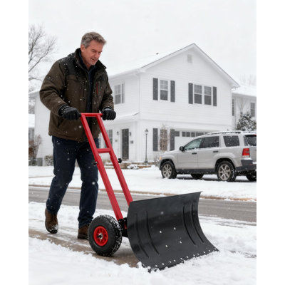 Snow Shovel with Wheels, Adjustable Handle & Angled Blade, Double Rod Push Snow Plow for Driveway(29.1W x 14.2H)