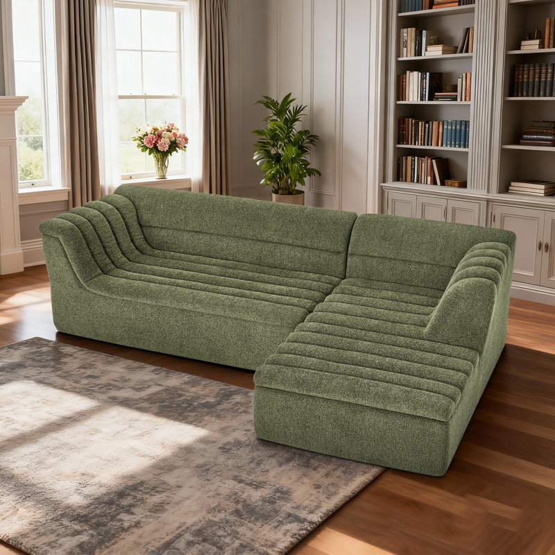 Canapé modulaire modulaire en chenille de 106 po avec méridienne, Green Chenille