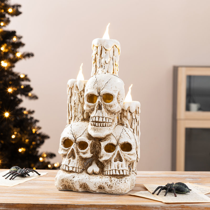 14.25"H Halloween Lighted Resin Skulls & Candles Table Decor with Timer