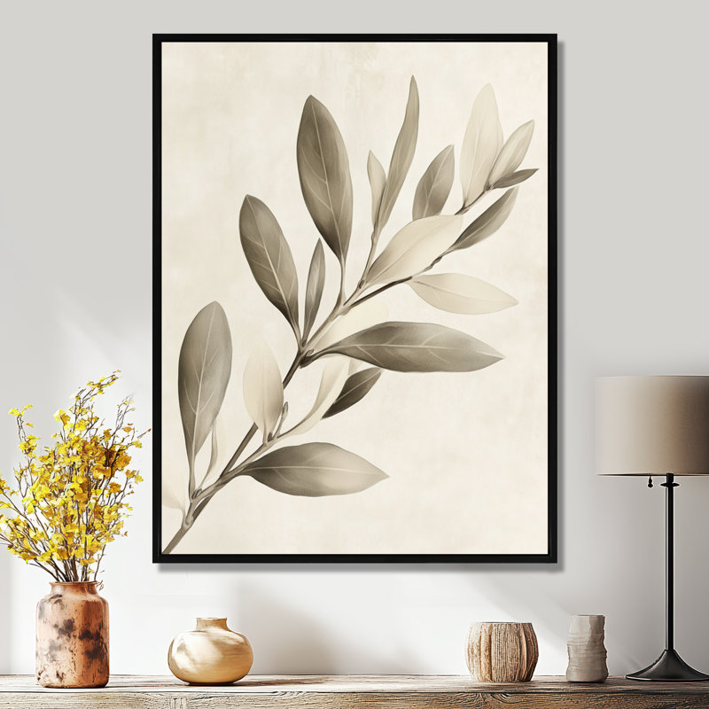 Doux eucalyptus olive branche III - décoration murale botanique verte, H 32 po x l 24 po, Cadre flottant noir