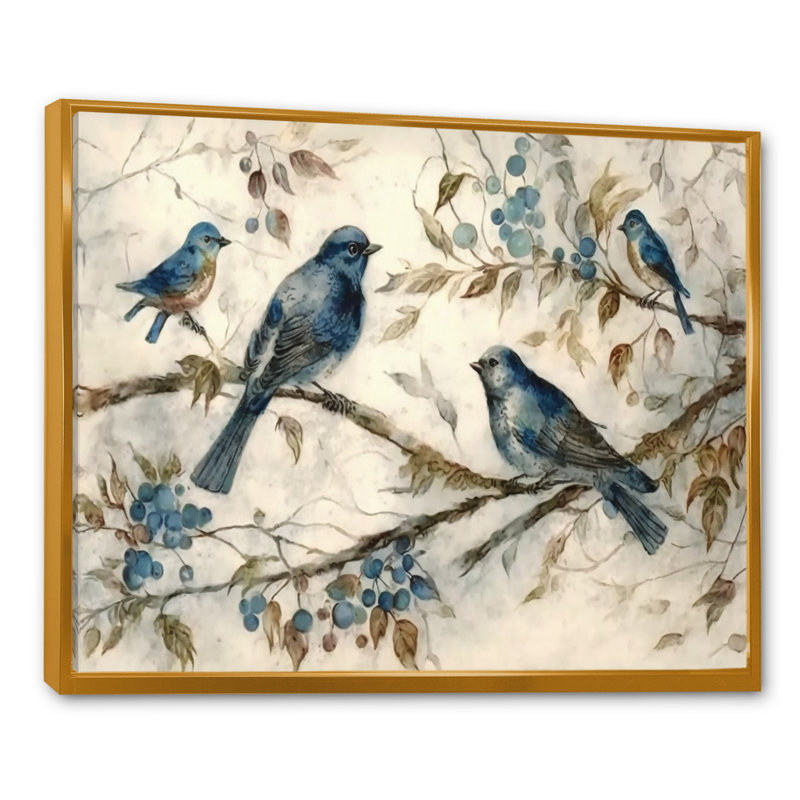 Quatre oiseaux bleus rétro sur une branche IV - Art mural oiseau, Cadre flottant doré, 12" H x 20" W