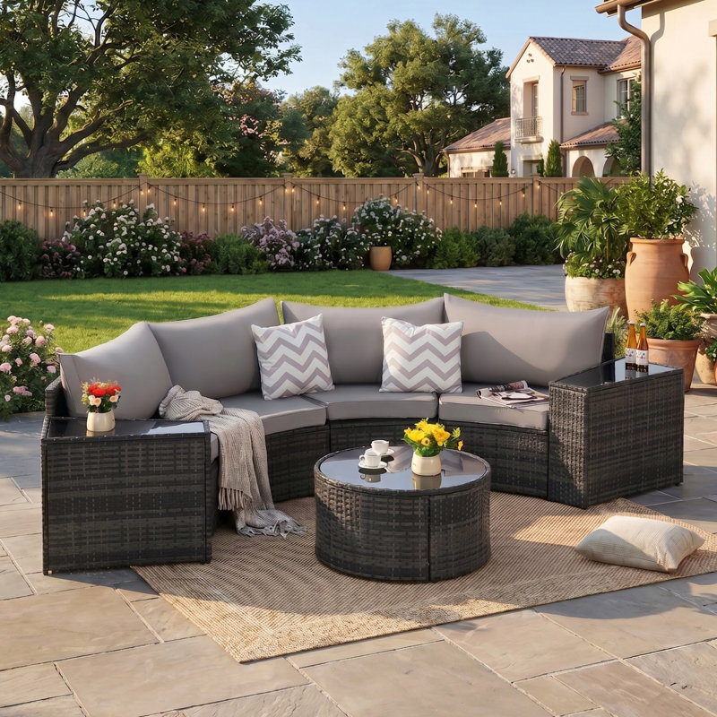 Ensemble 7 pièces de canapé modulaire demi-lune en osier avec table basse pour patio, jardin, terrasse, piscine, Gris clair